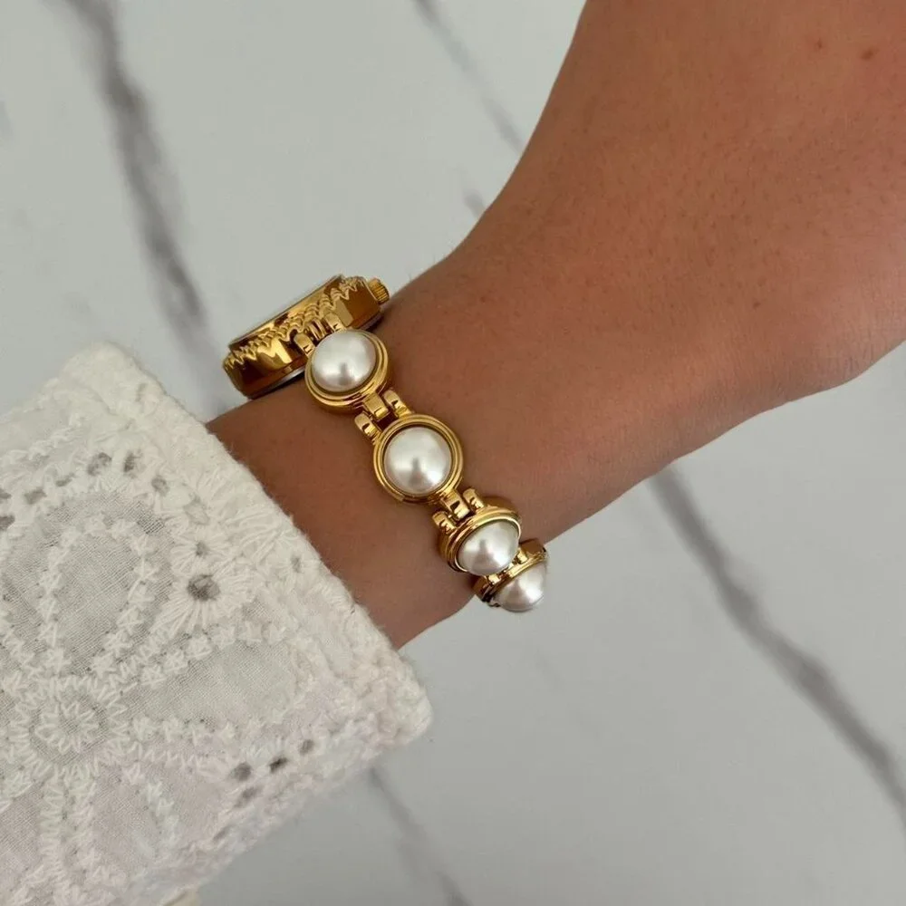 Sku0186 Retro Gold/White Pearls Women Sun Shape Watch Stainless steel + gift bag